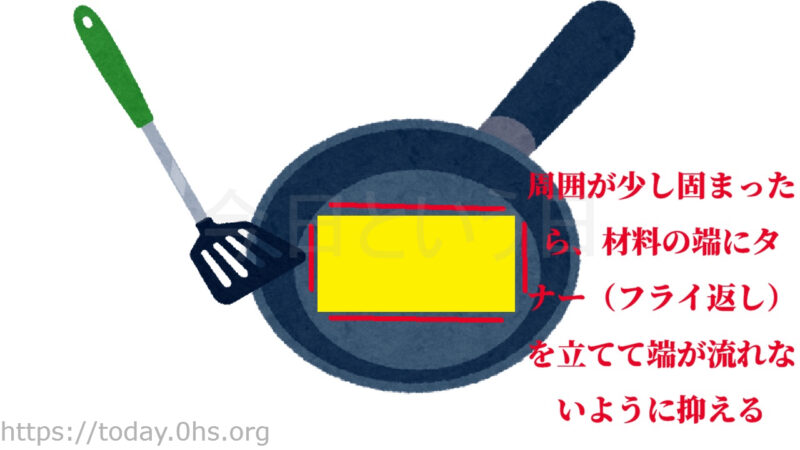 周囲が少し固まったら、材料の端にタナー（フライ返し）を立てて端が流れないように抑える